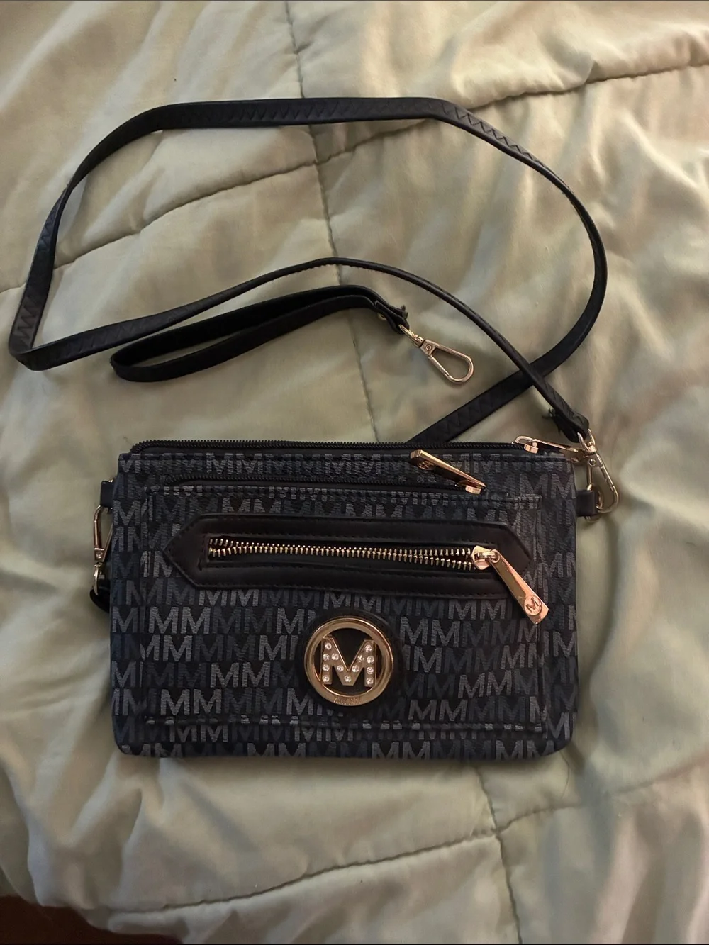 Black & Blue Monogram Crossbody Bag with Gold-Tone Accents